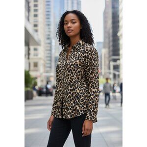 Ann Taylor Womens S Long Sleeve Chic Blouse Leopard Animal Print Black Brown